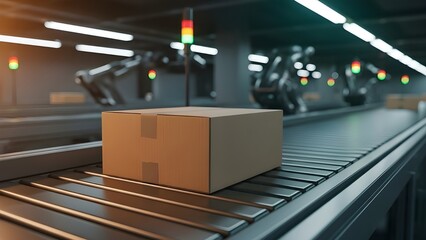 The background features robotic arms and glowing status lights, creating a clean and industrial atmosphere focused on logistics and manufacturing.