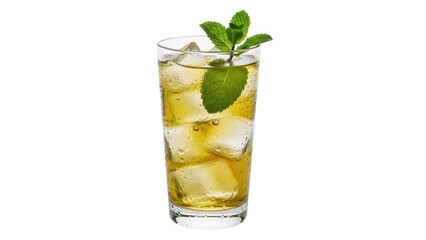 Isolated refreshing alcoholic drink, mint julep, iced beverage, in tall clear glass