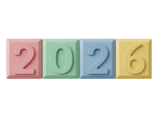 Isolated colorful number blocks spell out the year 2026, a calendar date, the future