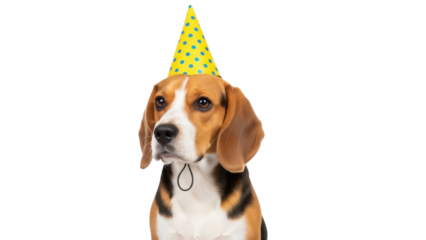 Isolated Cute Beagle Dog Wearing a Party Hat Ready for Birthday Celebration with Yellow Pattern