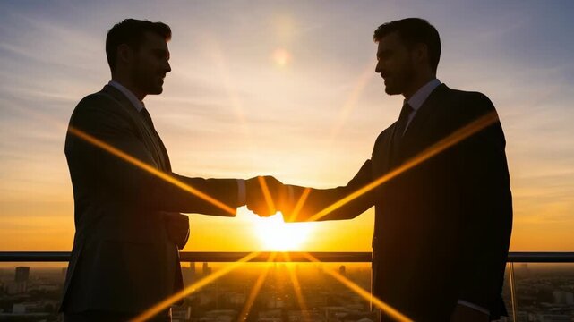 Silhouette of two adult male executives shaking hands to finalize a deal. Successful partnership and corporate collaboration concept over a panoramic city at sunset