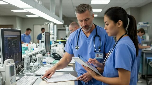 Caucasian male doctor mentoring a young asian nurse in a busy hospital. Medical team collaborating on a patient case using a digital tablet and clipboard at the nurses station