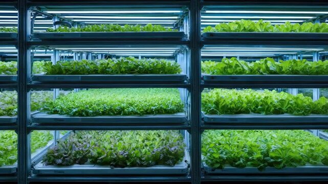 Multi-tiered shelves in a hydroponic vertical farm growing trays of leafy greens under bright grow lights.