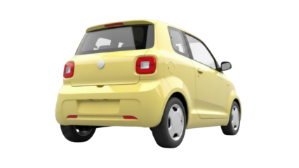 Isolated yellow hatchback car on display from the rear view in the studio for advertisements