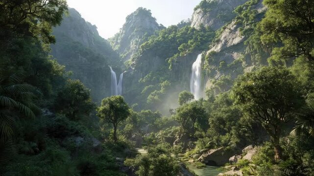 A lush green canyon with rocky cliffs and two waterfalls cascading into a forested valley.