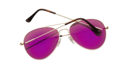 Isolated, aviator style sunglasses with purple lenses laying on surface, angled view