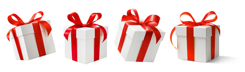 White presents with red bow set on a white background
