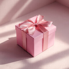 Fototapeta premium Elegant pink gift box with satin ribbon bow resting on a soft surface under dramatic light