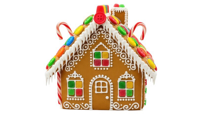 Isolated Gingerbread House Decorated with Candies and Frosting for Christmas Holiday Time