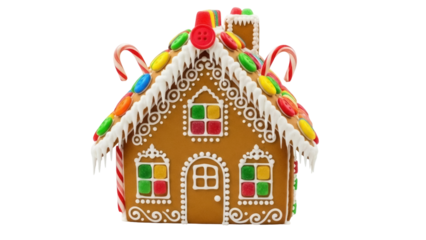 Isolated Gingerbread House Decorated with Candies and Frosting for Christmas Holiday Time