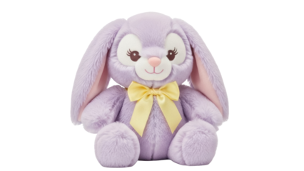 Isolated stuffed lavender rabbit with yellow bow, soft plush toy for kids and Easter gifting
