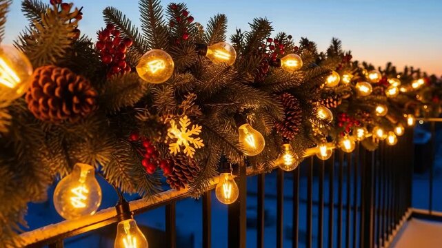Festive christmas garland with glowing string lights pinecones and berries on a snowy balcony railing. Cozy winter holiday home decoration for a new year celebration