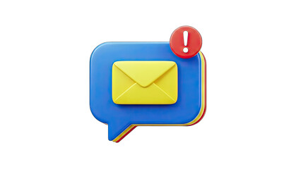 3D Email Notification with Exclamation Mark on White Background