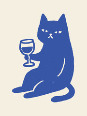 Cat holding wine glass minimalist flat vector illustration