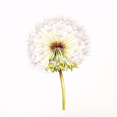 Watercolor painting of a fluffy dandelion seed head on a white background