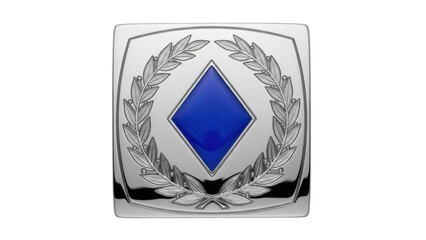 Isolated badge or medal symbol with blue diamond and silver laurel branches design award