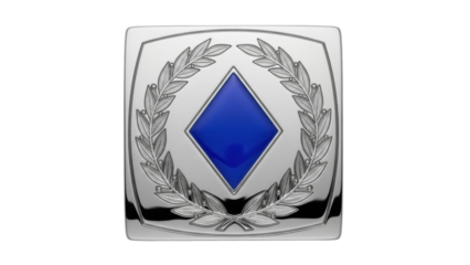 Isolated badge or medal symbol with blue diamond and silver laurel branches design award