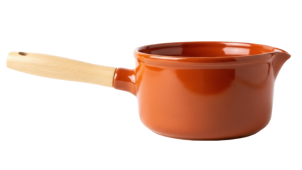 Isolated saucepan, ceramic pot with wooden handle for cooking and serving sauce on the table