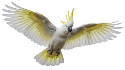 Isolated cockatoo flying with wings spread, a sulfur-crested bird showing its yellow crest and feathers