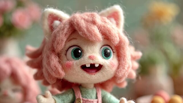Adorable Knitted Cat Doll with Pink Hair and Big Eyes.