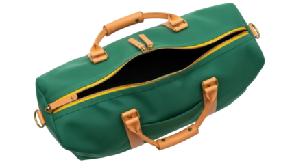 Isolated green duffel bag with tan leather handles and trim, open zipper, studio shot