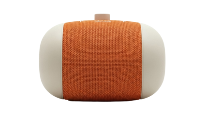 Isolated wireless Bluetooth speaker with orange speaker-fabric wrap and volume knob on top