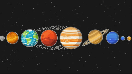 Fototapeta premium Vector illustration of the solar system planets with a dark background, showcasing their unique characteristics and orbits