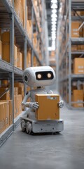 Naklejka premium Robot delivering package in automated warehouse logistics system