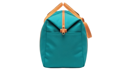 Isolated teal sports duffel bag with orange straps, viewed from the front, for travel or gym