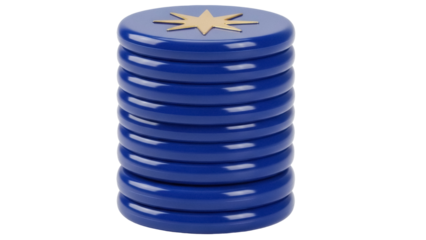 Isolated stack of blue game pieces with a gold star logo on top, casino or board game asset