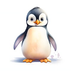 Fototapeta premium Adorable cartoon penguin standing on a white background in watercolor style