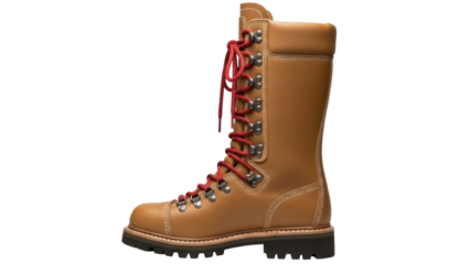 Isolated Tan Leather Boot with Red Laces Stands Tall, Workwear Attire for Construction Project