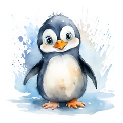 Naklejka premium Adorable baby penguin standing on ice watercolor painting in a cute style