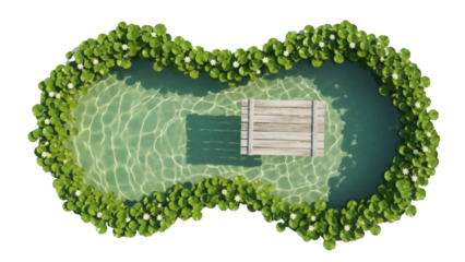 Isolated water garden with lily pads and a wooden raft platform viewed from above aerial view