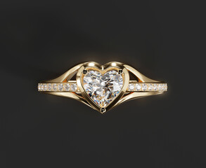 Gold Heart Diamond Ring Isolated on Black Background 3D Rendering	
