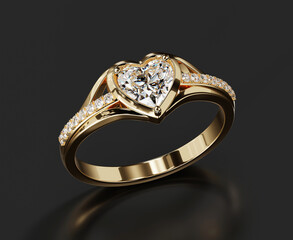 Gold Heart Diamond Ring Isolated on Black Background 3D Rendering	
