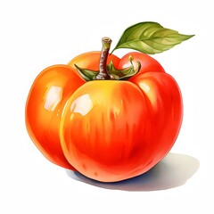 Watercolor illustration of a vibrant persimmon with a single leaf against a white background