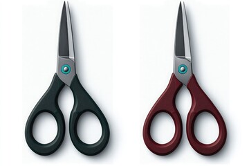 two elegant scissors with dark green and burgundy handles and blue blade accents on white background for branding and graphic design projects