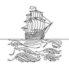 Naklejka premium Sailing Ship Illustration on Wavy Ocean Surface, Nautical Line Art Design