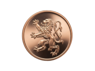 Isolated golden coin with a lion emblem, heraldic crest, noble animal design, round money