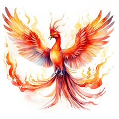 Fototapeta premium Watercolor phoenix with fiery wings rising on a white background
