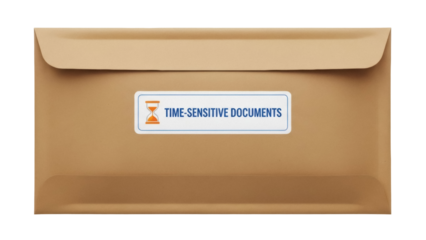 Isolated business correspondence envelope marked with time-sensitive label on a neutral surface