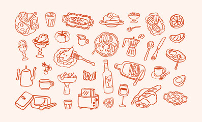 Breakfast food and drink set in doodle scribble style. Dolce Vita Italian morning snacks, coffee cup, bread, pancakes, butter, avocado and cheese, hand-drawn sketches. Isolated vector illustrations