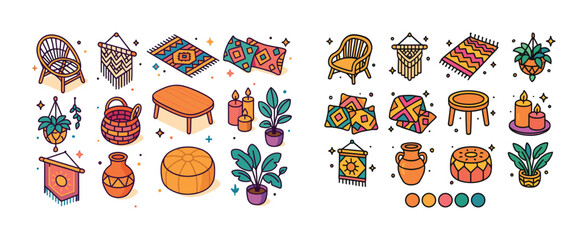 Fototapeta premium Colorful bohemian home decor elements and furniture set