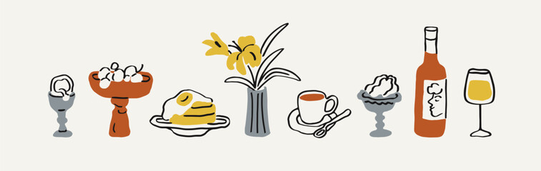 Fototapeta premium Food and drink set in doodle scribble handdrawn style. Egg, grapes, breakfast pancakes, flower vase, coffee cup, wine bottle, wineglass, snacks, sketch drawings. Hand-drawn vector illustrations