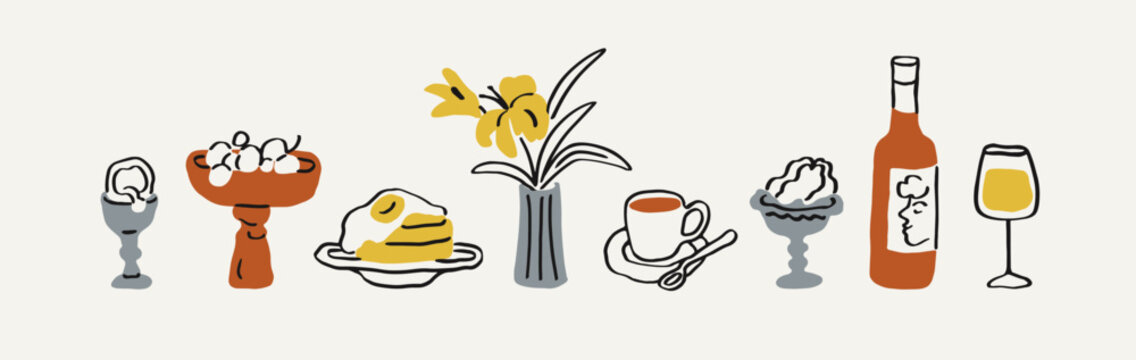 Food and drink set in doodle scribble handdrawn style. Egg, grapes, breakfast pancakes, flower vase, coffee cup, wine bottle, wineglass, snacks, sketch drawings. Hand-drawn vector illustrations