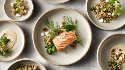 Gourmet Salmon Delight: A meticulously arranged culinary masterpiece features succulent salmon, plated alongside artful garnishes, capturing the essence of fine dining and gastronomic pleasure.