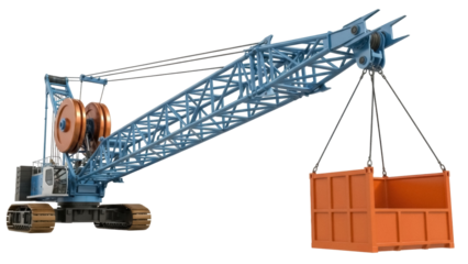 Isolated tracked crane lifting a cargo container, heavy construction, mechanical engineering