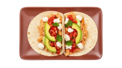 Isolated, two Mexican tacos served on square ceramic plate, shot from overhead angle