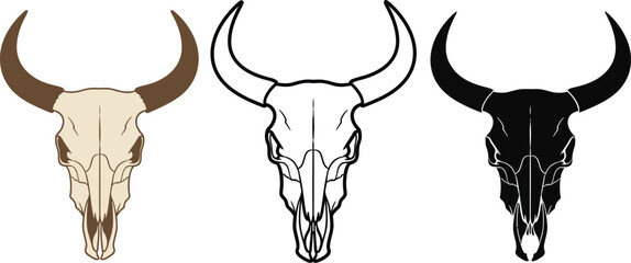Three bull skulls in different styles and colors